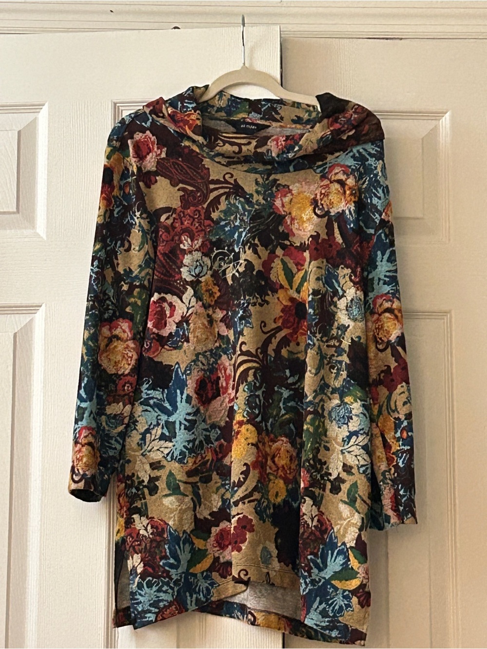 ali miles size m brushed knit cowl neck tunic top boho floral paisley artsy